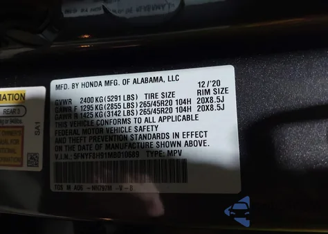 2021 Honda Passport Awd Touring from USA, damaged, VIN 5FNYF8H91MB010689